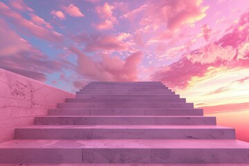 Concrete stairway leading to pink and purple cloudy sky at sunset