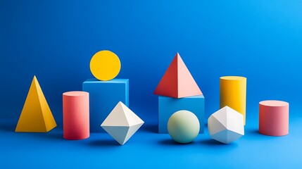 Abstract polygonal shapes in 3D arranged on a royal blue background