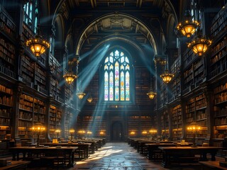 Fototapeta premium A huge, ancient library with dark wooden shelves filled with dusty books