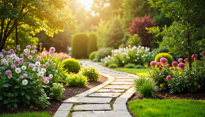 Beautiful garden pathway surrounded by colorful flowers