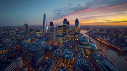 Obraz premium City skyline with skyscrapers, river, illuminated at dusk.