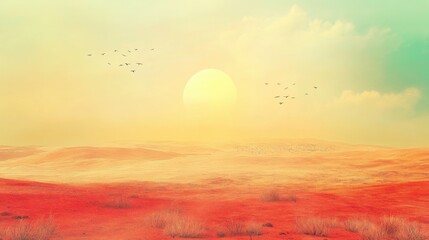 Surreal sunset over desert landscape with distant birds flying in the sky