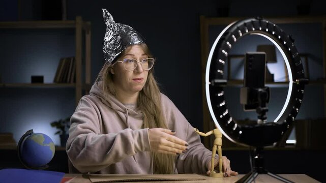 Strange crazy blogger with ring light and smartphone, paranoid woman streaming at home conspiracy theory broadcasting in video blog, showing cardboard text Illuminati. blogging, technology