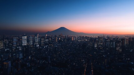 Fototapeta premium Cityscape at dusk with mountain.