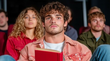 Focused young adult enjoying a movie at the cinema with friends