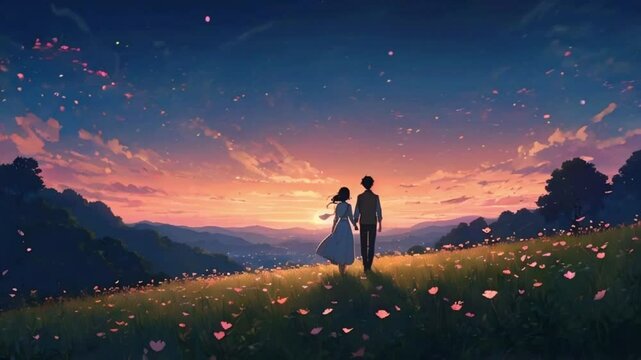 The couple embraces gentle breeze carries glowing petals hill. scene is serene, faint sound nature's whispers distant night, 2D flat anime style illustration, 4k landscape animation video