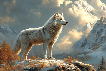 Majestic White Wolf Stands on Snowy Mountain Peak