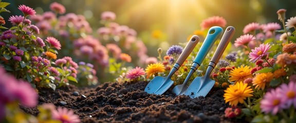 Garden Tools Amidst Vibrant Blooms: A Sunlit Spring Scene