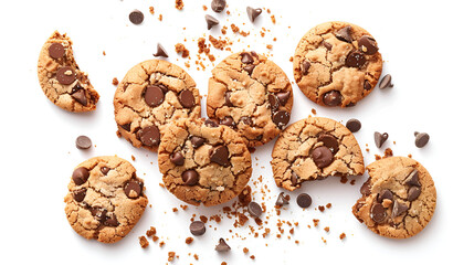 Chocolate chip cookies and crumbs isolated on white
