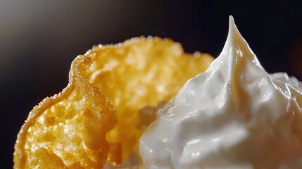 Close-Up of Golden Crispy Potato Chip Dipped in Creamy Sour Dip on Dark Background