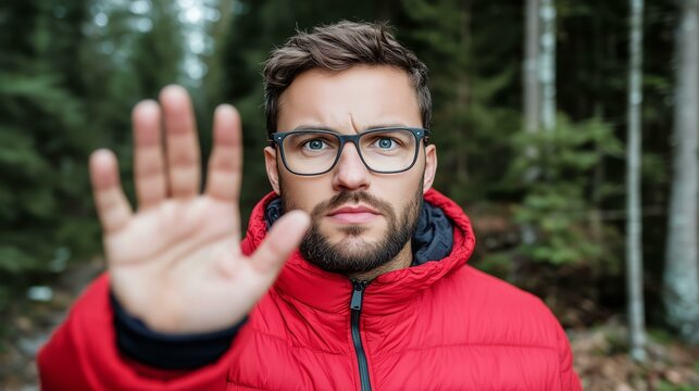Man in red jacket gesturing stop in forested area - Powered by Adobe