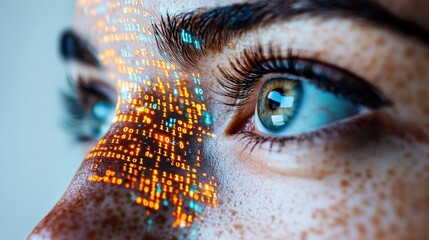 A close-up of a person’s eye with binary code projected onto their skin symbolizes the interplay between human perception and the digital world, showcasing the fusion of technology and identity.