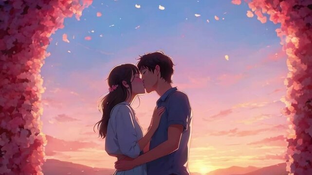 A couple of lovers sharing a kiss under an arch of glowing flower petals with a soft pastel sunset sky in the background, 2D flat anime style illustration, 4k landscape animation video