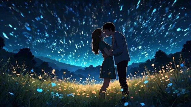 A couple kissing softly in the center of a meadow filled with glowing bioluminescent flowers, surrounded by twinkling stars, 2D flat anime style illustration, 4k landscape animation video