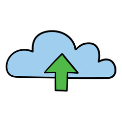Hand drawn cartoon cloud uploading icon on white background.