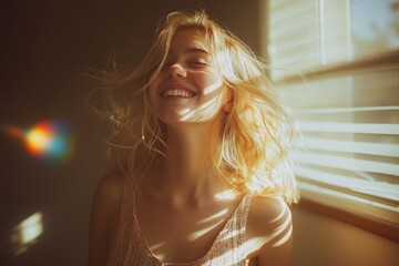 Young woman with wavy platinum blonde hair twirling in sunlight