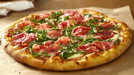 Gourmet Pizza Topped with Prosciutto and Arugula on a Crispy Crust Freshly Baked for Culinary Delight