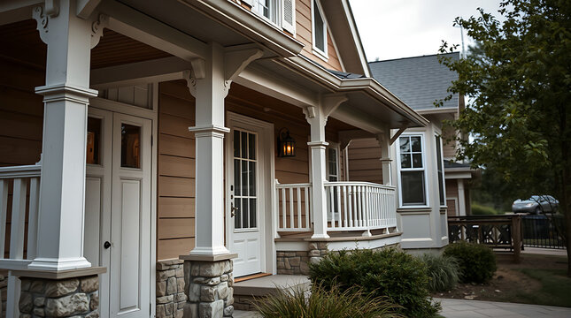 A light brown house with white columns and porch, white door and windows. Partial view of a neighboring house and landscaping. Cloudy daytime lighting.