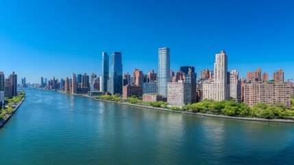 Fototapeta premium Cityscape with river under clear sky.