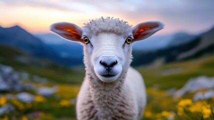 Fototapeta premium A charming sheep gazes directly at the camera against a stunning backdrop of mountains and wildflowers. Its inquisitive expression captivates the viewer, inviting connection.