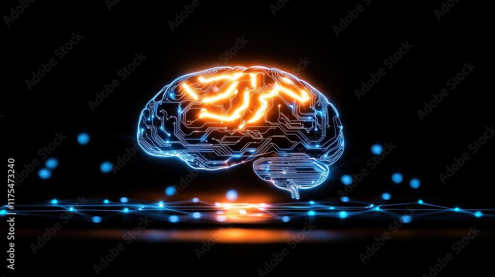 Poster a luminous, digital brain with glowing circuits representing neural connections, set against a dark 