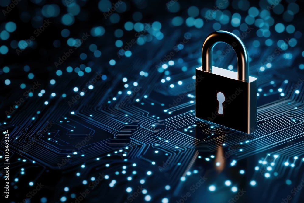 Poster a digital padlock on a circuit board background symbolizes cybersecurity and data protection in a te