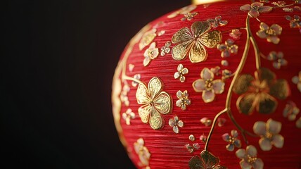 Fototapeta premium Close-up of a glowing red lantern with golden floral motifs, macro photography capturing the intricate design, vibrant and festive.