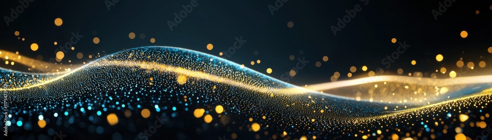 Poster a vibrant, abstract wave of glowing particles dances against a dark background, creating a mesmerizi