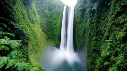 Majestic waterfall surrounded by lush green vegetation.