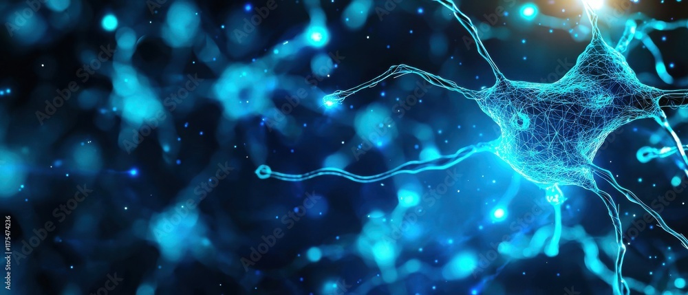 Poster a close-up visualization of neurons with glowing blue structures, depicting intricate connections in