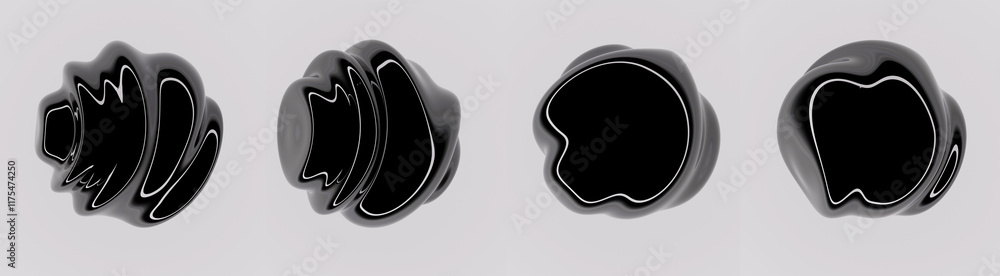 Poster collection of glitched and distorted spheres made of glossy black material. set of 3d illustrations 
