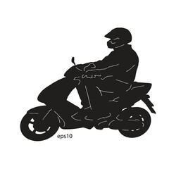 Biker driving a motorcycle rides along the asphalt road vector silhouette illustration.