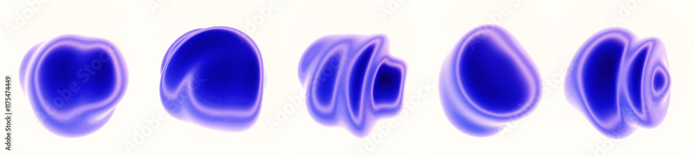 Poster Set of glossy blue glitched blobs on a white background. Colection of 3D abstract shapes for design projects.
