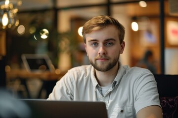 Fototapeta premium Focused entrepreneur working remotely on laptop in trendy coworking space or cafe