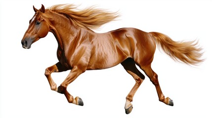 A running horse with a flowing mane against a white background.