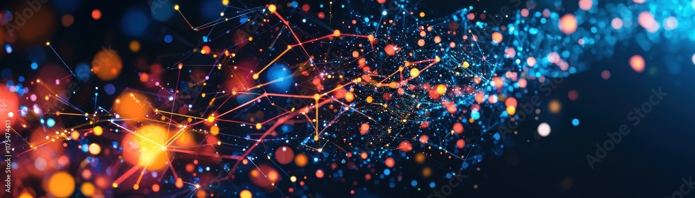 Poster a vibrant display of colorful particles and interconnected lines, creating a dynamic visual represen