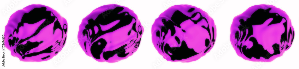 Poster collection of glitched and distorted spheres made of glossy black material. set of 3d illustrations 