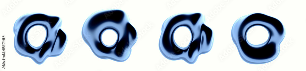 Poster set of 3d glossy rings with distortions and glitchy wavy texture. illustration for creative futurist