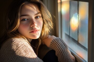 Young Caucasian woman sitting on windowsill in soft sunlight