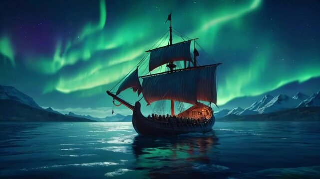 A majestic Viking ship with dragon-headed prow sailing under an aurora-filled sky with a luminous silver moon, 2D flat anime style illustration, 4k landscape animation video