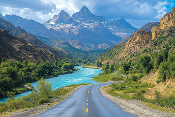 Fototapeta premium Scenic mountain road winds beside a turquoise river