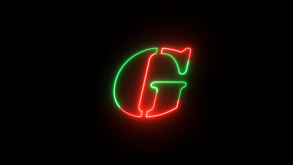 Red and green neon font letter G on black background. Neon capital letter alphabet E.