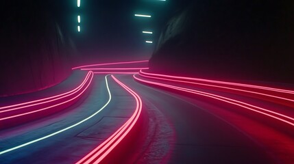 Obraz premium Neon Lights Illuminate Winding Road Through Dark Canyon