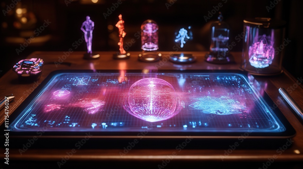Poster holographic tablet with interactive 3d models and stylus on a sleek modern table, showcasing advance