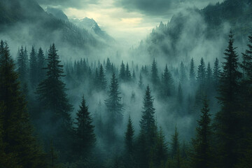 Misty Mountains Enveloping a Dark Coniferous Forest