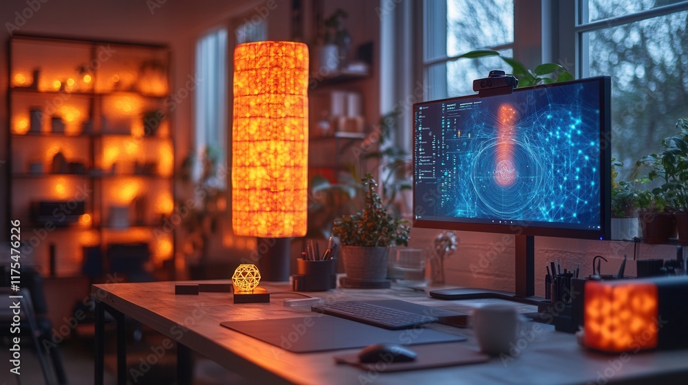 Poster futuristic workspace featuring a holographic interface, high-resolution monitor, and intricate 3d-pr