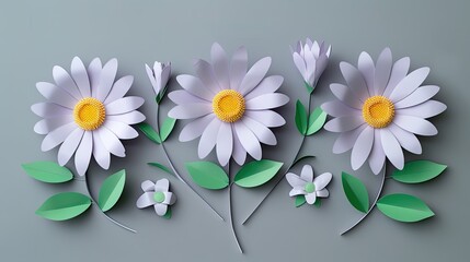 Obraz premium paper daisy flowers in a light purple color with yellow centers and green leaves on a gray background