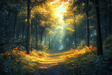 Obraz premium Sunlit Autumn Path Through A Majestic Forest