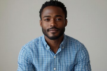 Obraz premium front view of a handsome african man in a stylish blue checkered shirt and white pants radiating confidence and joy against a bright white background perfect for a fashionforward portrait