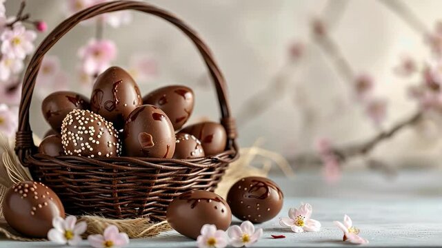 chocolate eggs in a basket on a light background